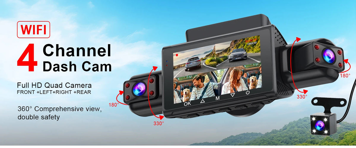 Dash Cam for Cars – 3 or 4 Camera System with WiFi, 1080P Night Vision & Parking Monitor