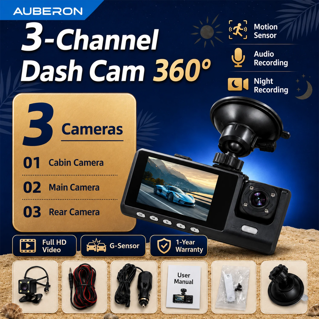 3-Channel Dash Cam – Front, Rear & Cabin, 1080P with Night Vision & G-Sensor
