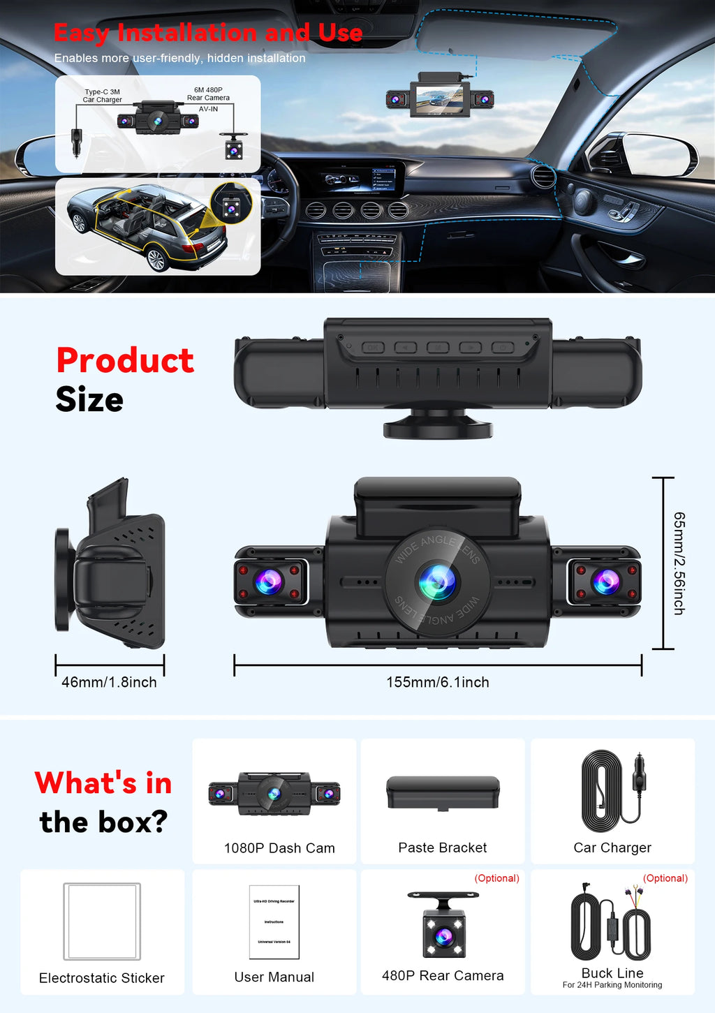Dash Cam for Cars – 3 or 4 Camera System with WiFi, 1080P Night Vision & Parking Monitor