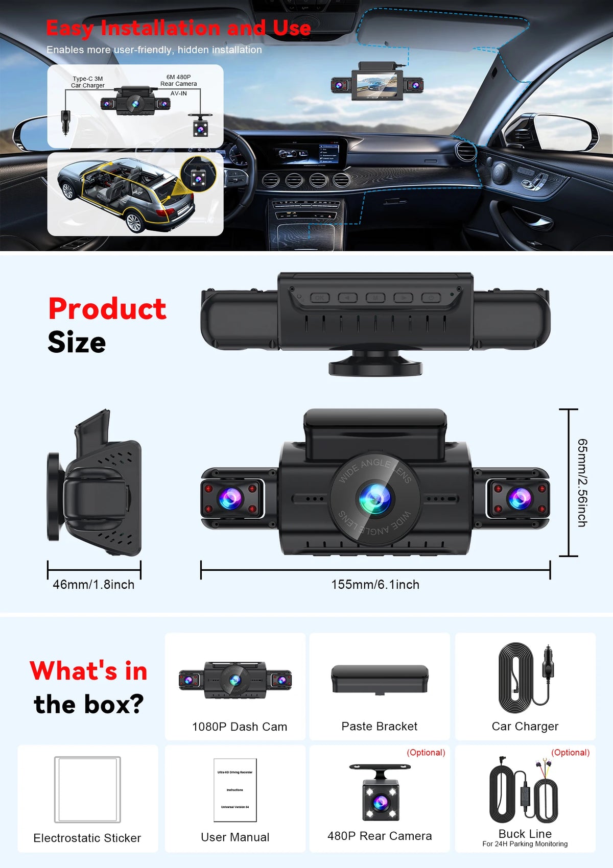 Dash Cam for Cars – 3 or 4 Camera System with WiFi, 1080P Night Vision & Parking Monitor