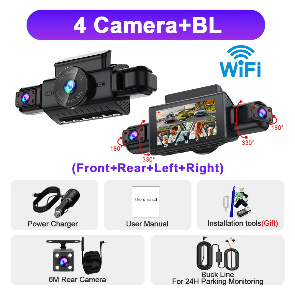 Dash Cam for Cars – 3 or 4 Camera System with WiFi, 1080P Night Vision & Parking Monitor