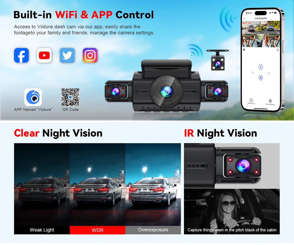 Dash Cam for Cars – 3 or 4 Camera System with WiFi, 1080P Night Vision & Parking Monitor