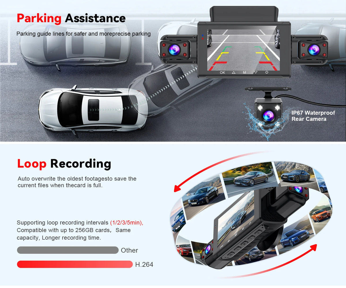 Dash Cam for Cars – 3 or 4 Camera System with WiFi, 1080P Night Vision & Parking Monitor