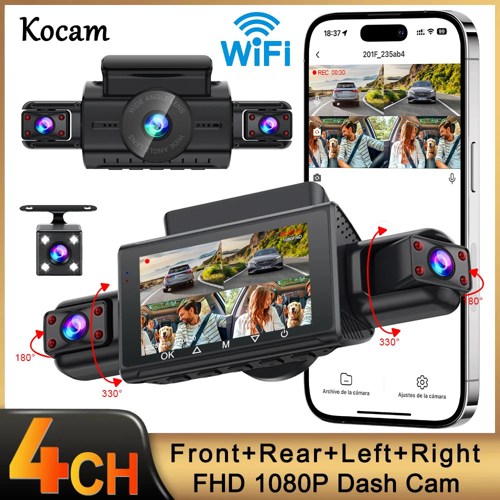 Dash Cam for Cars – 3 or 4 Camera System with WiFi, 1080P Night Vision & Parking Monitor