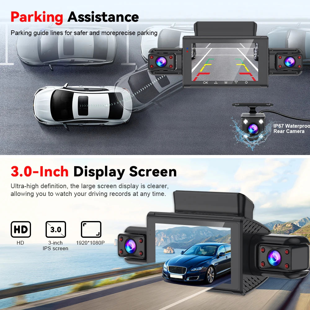 Dash Cam for Cars – 3 or 4 Camera System with WiFi, 1080P Night Vision & Parking Monitor