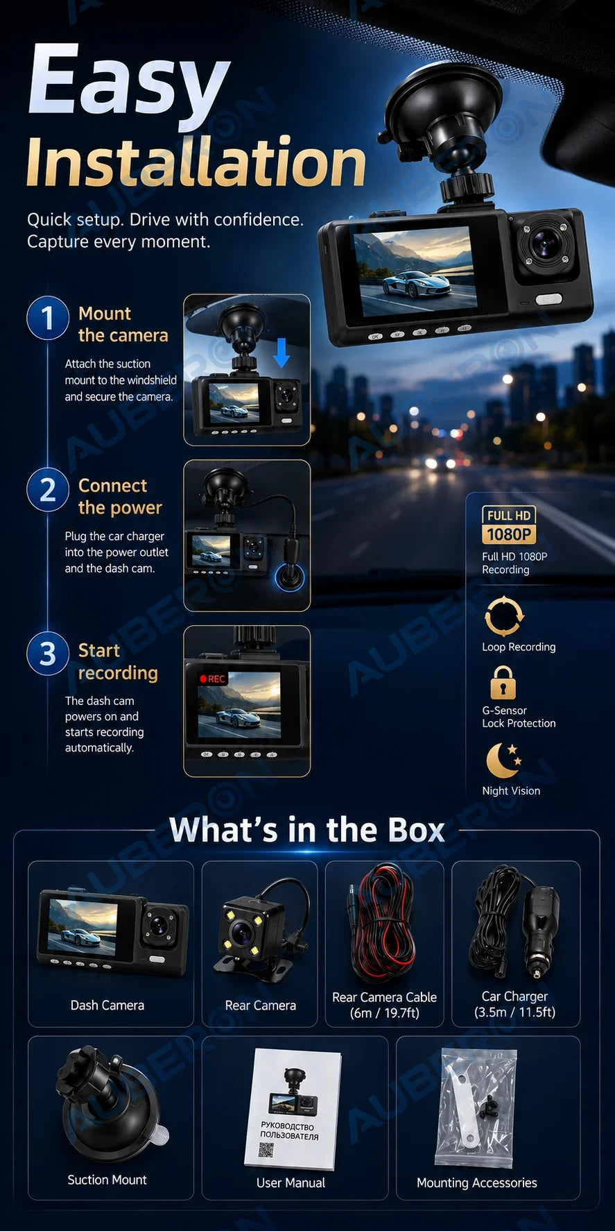 3-Channel Dash Cam – Front, Rear & Cabin, 1080P with Night Vision & G-Sensor