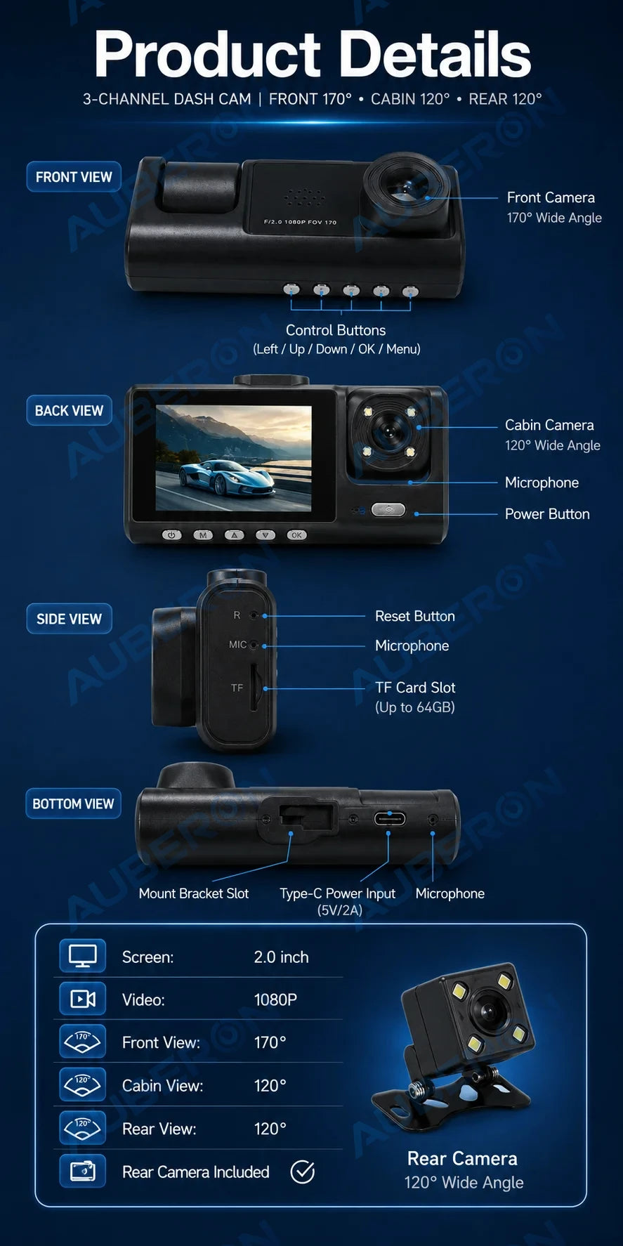 3-Channel Dash Cam – Front, Rear & Cabin, 1080P with Night Vision & G-Sensor