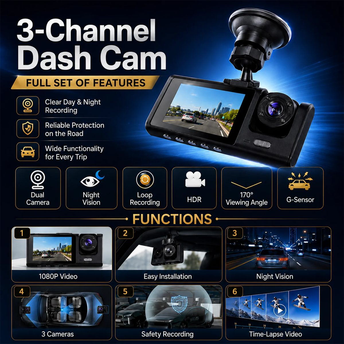 3-Channel Dash Cam – Front, Rear & Cabin, 1080P with Night Vision & G-Sensor